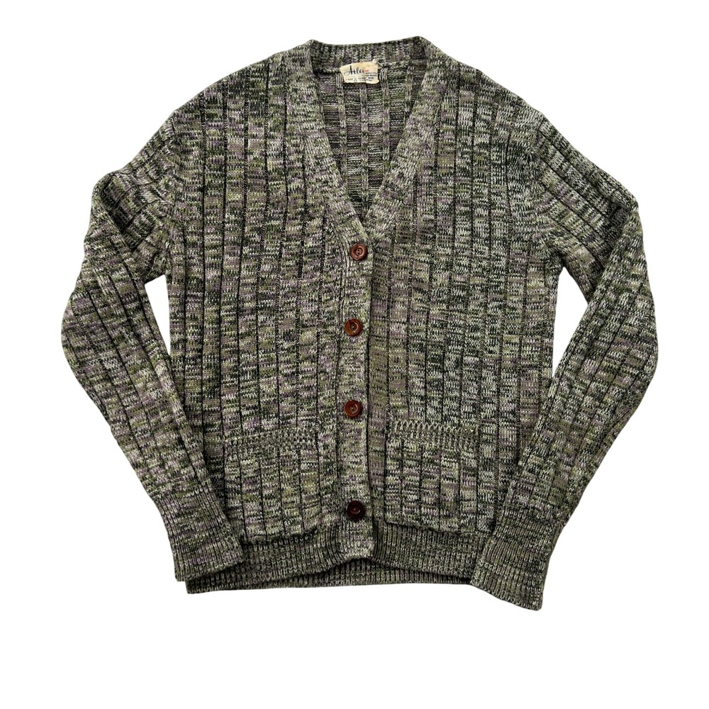 VTG 80s Arleigh Marled Knit Cardigan Women Small Green Purple Space Dye Acrylic